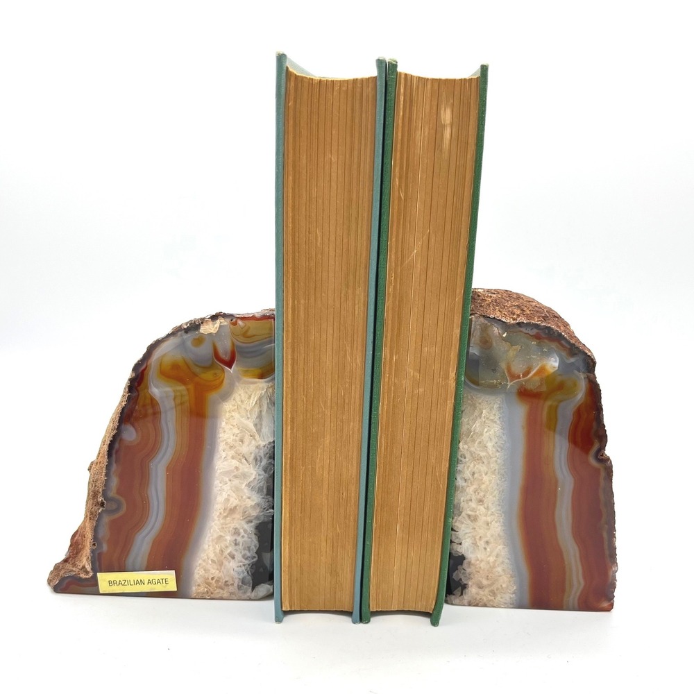 Vintage Brazilian Agate Geode Bookends Natural Polished Stone Brown Amber Pair